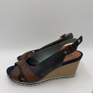 Pikolinos Bali Leather Wedge‎ Sandals Navy Blue/Brown Women’s Size EU 39/8.5